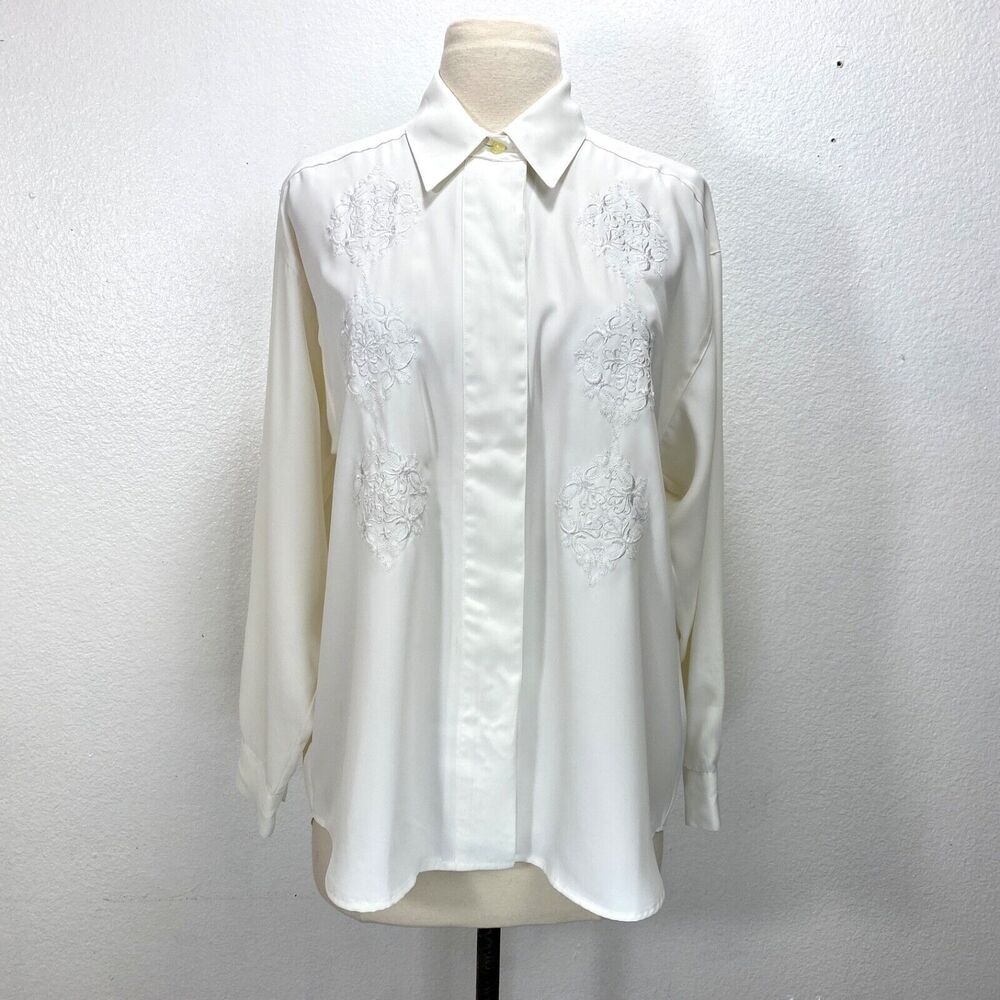 Vintage White Slinky Blouse Medium Front Placket Button Embroidery Career Formal